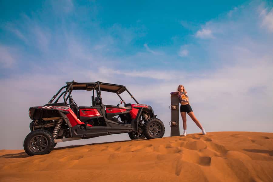 Dubai: Red Dunes Quad Bike, Dune Buggy, Camel & Refreshments - Sandboarding with time for desert photos