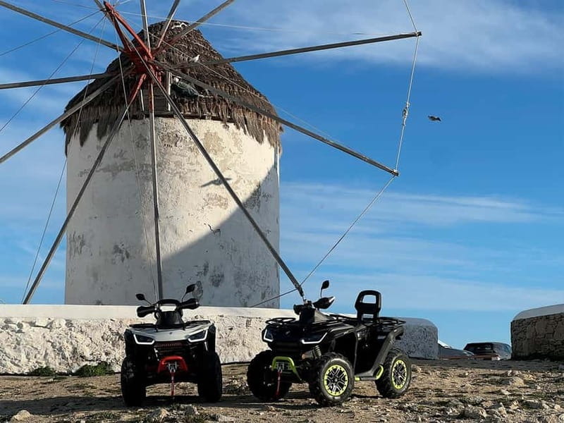Explore Mykonos Island with a 650cc ATV / QUAD Tour - Old Port and the first look at Mykonos Town