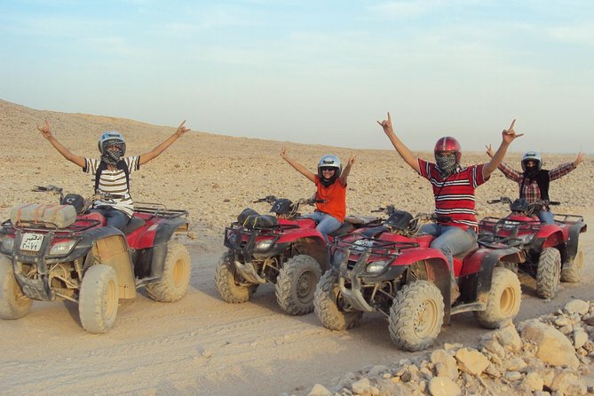Hurghada: ATV Quad Safari, Camel Ride & Bedouin Village Tour - Desert views, mountain stops, and sunset light