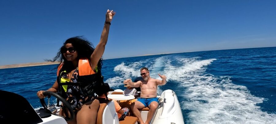 Hurghada: Safari ATV Quad & Speedboat to Orange bay island - Riding quads through the Egyptian desert