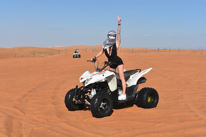 Sunset Desert Safari Quad bike Camel ride Sand Board & BBQ Dinner - Reaching Al Lahbab for the quad-bike ride